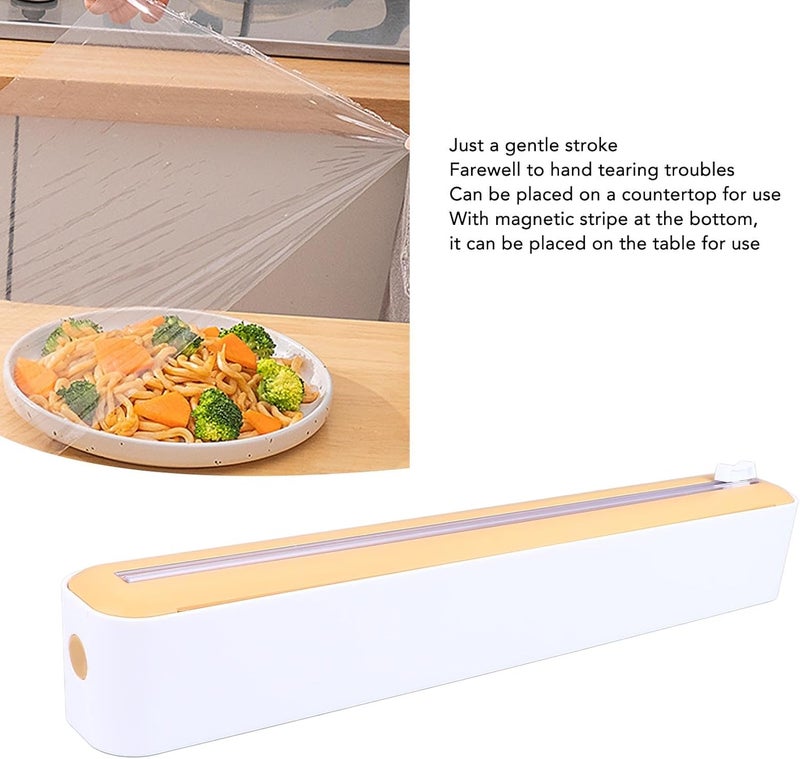 Heayzoki Plastic Wrap Dispenser With Cutter, Reusable Cling Film Dispenser, Adjustable Size, Oil Magnetic Plastic Wrap Dispenser (White and Yellow) - Image 3